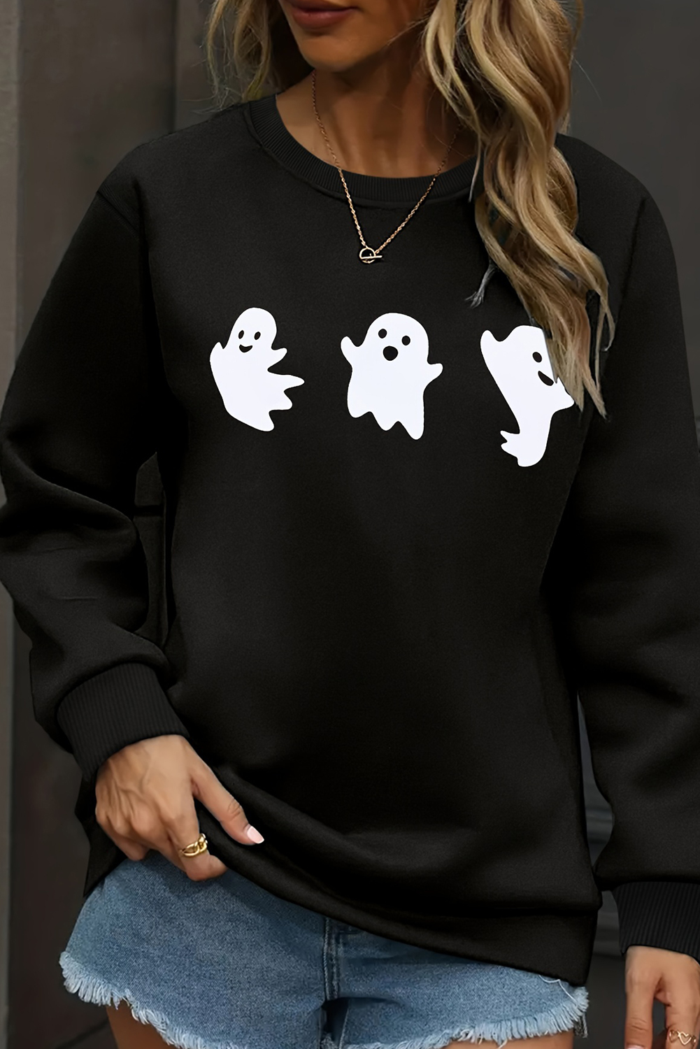 Playful Halloween Graphic Sweatshirt - Black with Ghosts Print - Detail View 7 Playful Halloween Graphic Sweatshirt - Black with Ghosts Print - Detail View 7