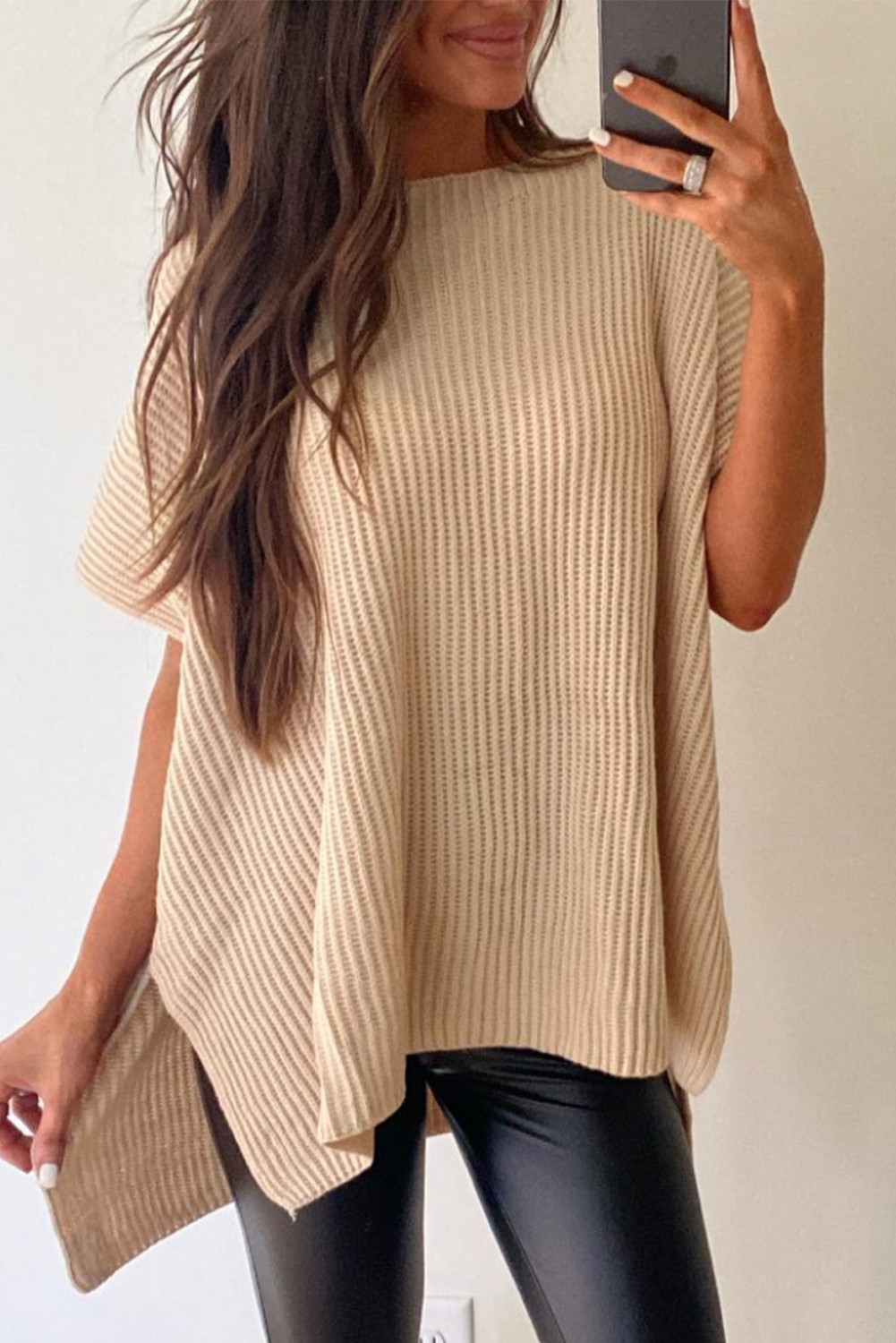 Versatile Tunic-Length Sweater in Apricot with Side Slits Detail - Detail View 8 Versatile Tunic-Length Sweater in Apricot with Side Slits Detail - Detail View 8