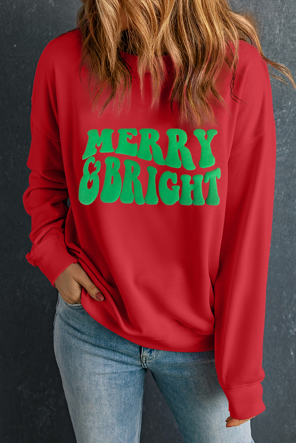 Women's Sweatshirt, Red Crewneck, MERRY & BRIGHT, Drop Shoulder, Long Sleeve, Graphic Tee, Casual Style, Christmas Fashion, Puffy Letter Graphic, Comfortable, Relaxed Fit, Fall & Autumn, Daily Wear, Tops, Graphic Sweatshirts - Detail View 4 Women's Sweatshirt, Red Crewneck, MERRY & BRIGHT, Drop Shoulder, Long Sleeve, Graphic Tee, Casual Style, Christmas Fashion, Puffy Letter Graphic, Comfortable, Relaxed Fit, Fall & Autumn, Daily Wear, Tops, Graphic Sweatshirts - Detail View 4