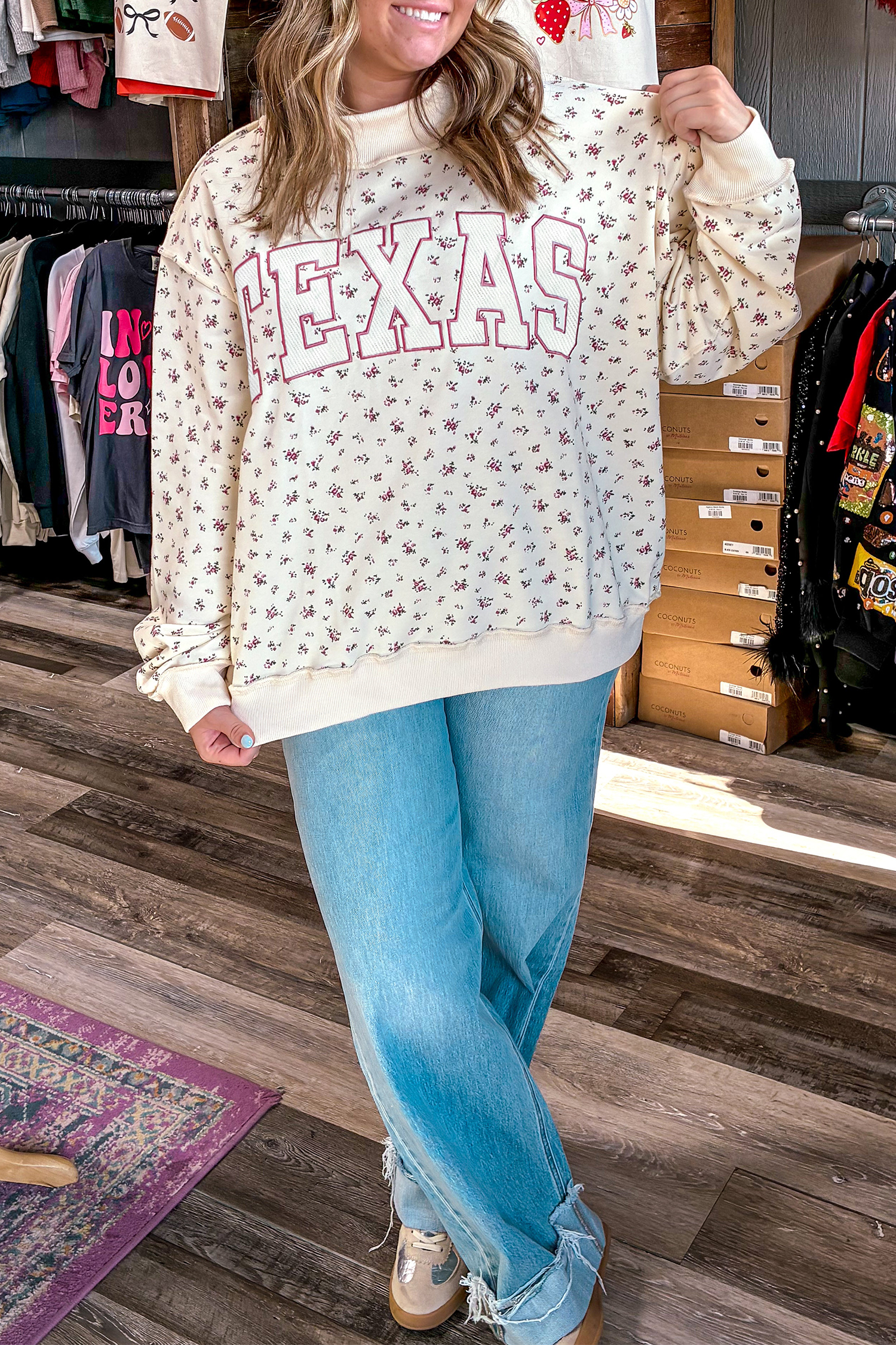 Women's Texas Floral Sweatshirt, Casual Apricot Pullover - Detail View 7 Women's Texas Floral Sweatshirt, Casual Apricot Pullover - Detail View 7