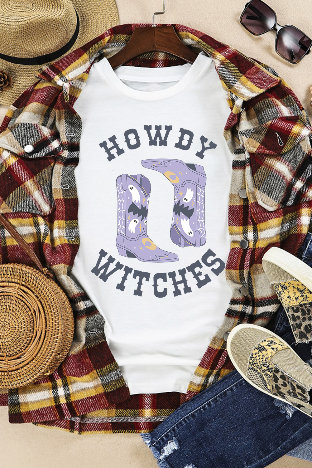 Unique Graphic T-Shirt: White HOWDY WITCHES Halloween Boots Design - Detail View 12 Unique Graphic T-Shirt: White HOWDY WITCHES Halloween Boots Design - Detail View 12