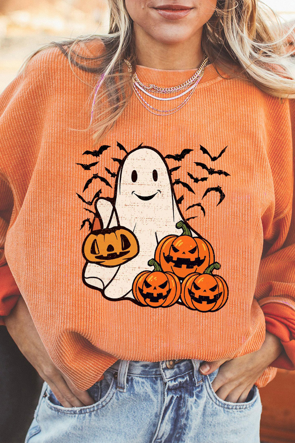 Cozy Orange Corded Sweatshirt with Ghost and Pumpkin Bat Graphic - Detail View 2 Cozy Orange Corded Sweatshirt with Ghost and Pumpkin Bat Graphic - Detail View 2