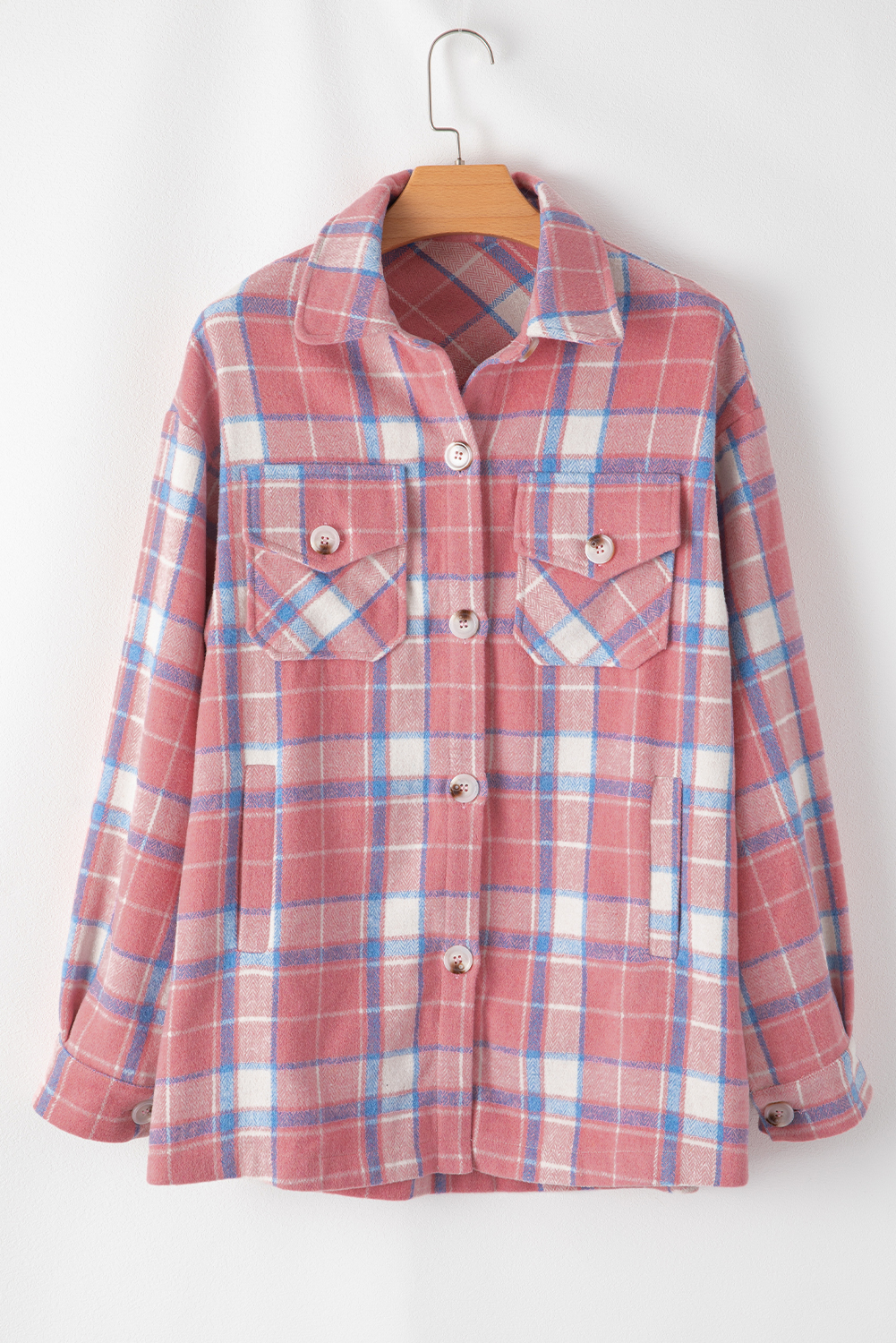 Classic Long Sleeve Plaid Shacket - Pink Color for Fall & Autumn - Detail View 12 Classic Long Sleeve Plaid Shacket - Pink Color for Fall & Autumn - Detail View 12