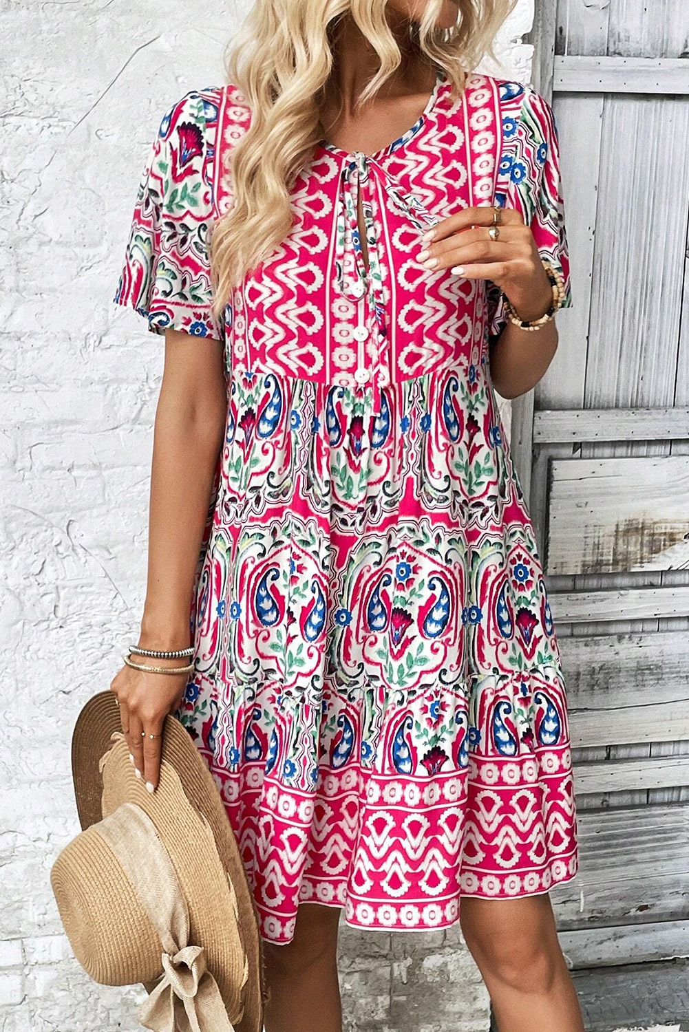 Pink Floral Boho Mini Dress, V Neck Tiered Vacation Outfit - Detail View 11 Pink Floral Boho Mini Dress, V Neck Tiered Vacation Outfit - Detail View 11