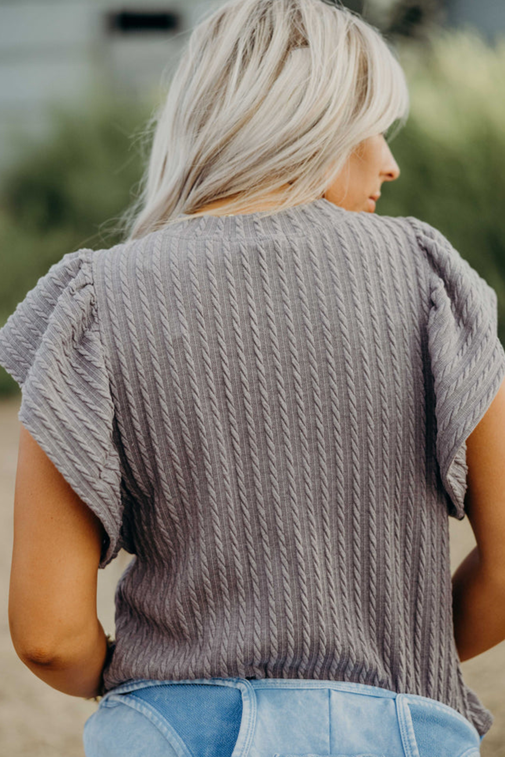 Stylish Flutter Sleeve Top in Sleet - Perfect for Daily Wear and Summer - Detail View 2 Stylish Flutter Sleeve Top in Sleet - Perfect for Daily Wear and Summer - Detail View 2