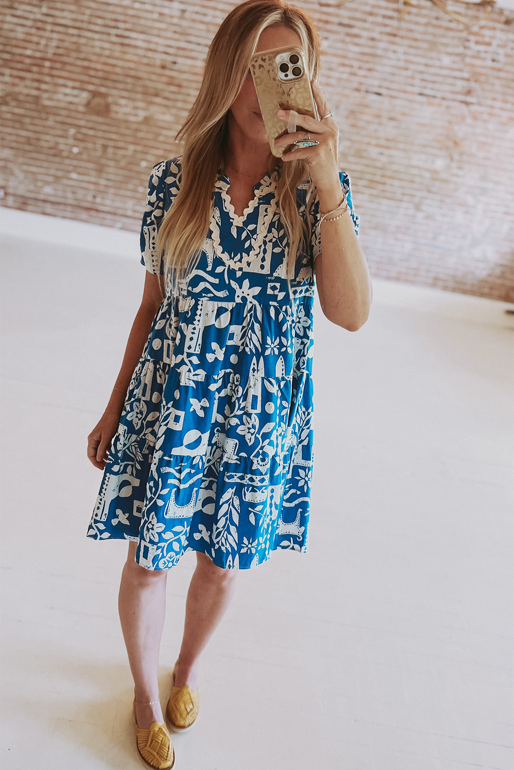Women's Short Sleeve Tiered Dress, Rickrack Trim Floral Print - Detail View 2 Women's Short Sleeve Tiered Dress, Rickrack Trim Floral Print - Detail View 2