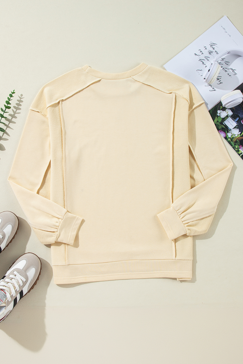 Comfortable and Chic Women's Fall Sweatshirt - Beige Splicing Round Neck Pullover - Detail View 8 Comfortable and Chic Women's Fall Sweatshirt - Beige Splicing Round Neck Pullover - Detail View 8