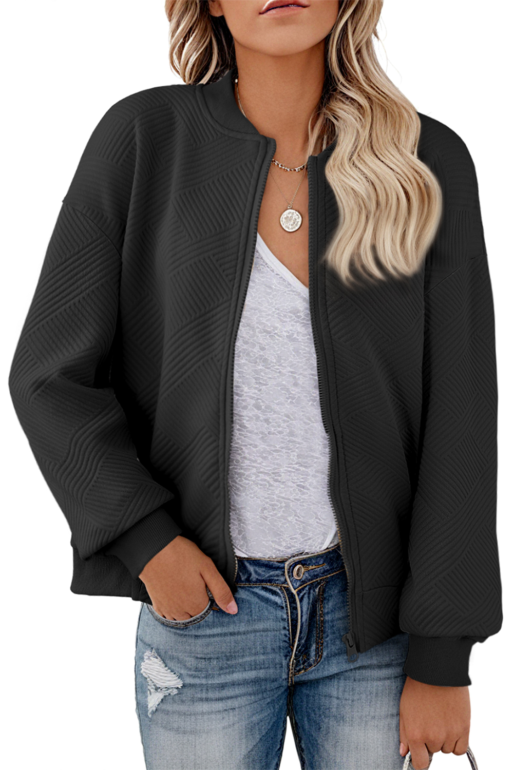 Women's Jacket, Black, Bomber Jacket, Stand Neck, Zipper Closure, Textured Fabric, Comfortable, Stylish, Versatile, Easy to Style, Daily Wear, Winter Wear, Outerwear, Jackets - Detail View 10 Women's Jacket, Black, Bomber Jacket, Stand Neck, Zipper Closure, Textured Fabric, Comfortable, Stylish, Versatile, Easy to Style, Daily Wear, Winter Wear, Outerwear, Jackets - Detail View 10