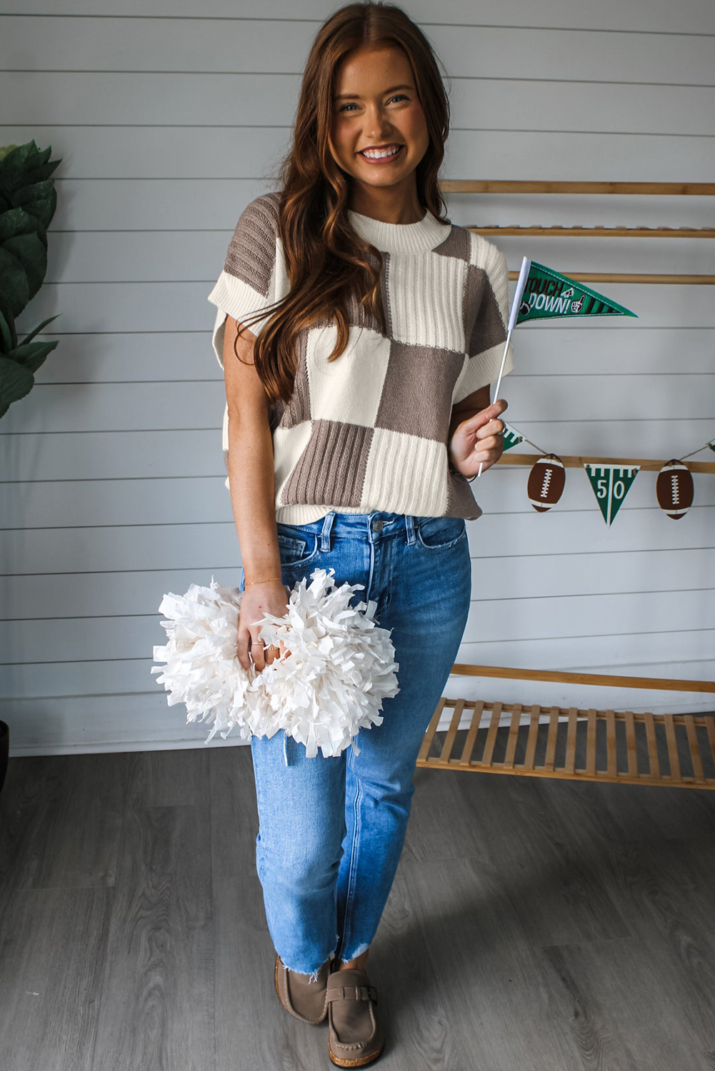 Women's Sweater, Khaki Color Block, Checkered Pattern, Crew Neck, Short Sleeve, Casual Fit, Classic Style, Plaid Design, Daily Wear, Fall Fashion, Comfortable, Trendy, Sweaters & Cardigans, Best Sellers - Detail View 4 Women's Sweater, Khaki Color Block, Checkered Pattern, Crew Neck, Short Sleeve, Casual Fit, Classic Style, Plaid Design, Daily Wear, Fall Fashion, Comfortable, Trendy, Sweaters & Cardigans, Best Sellers - Detail View 4