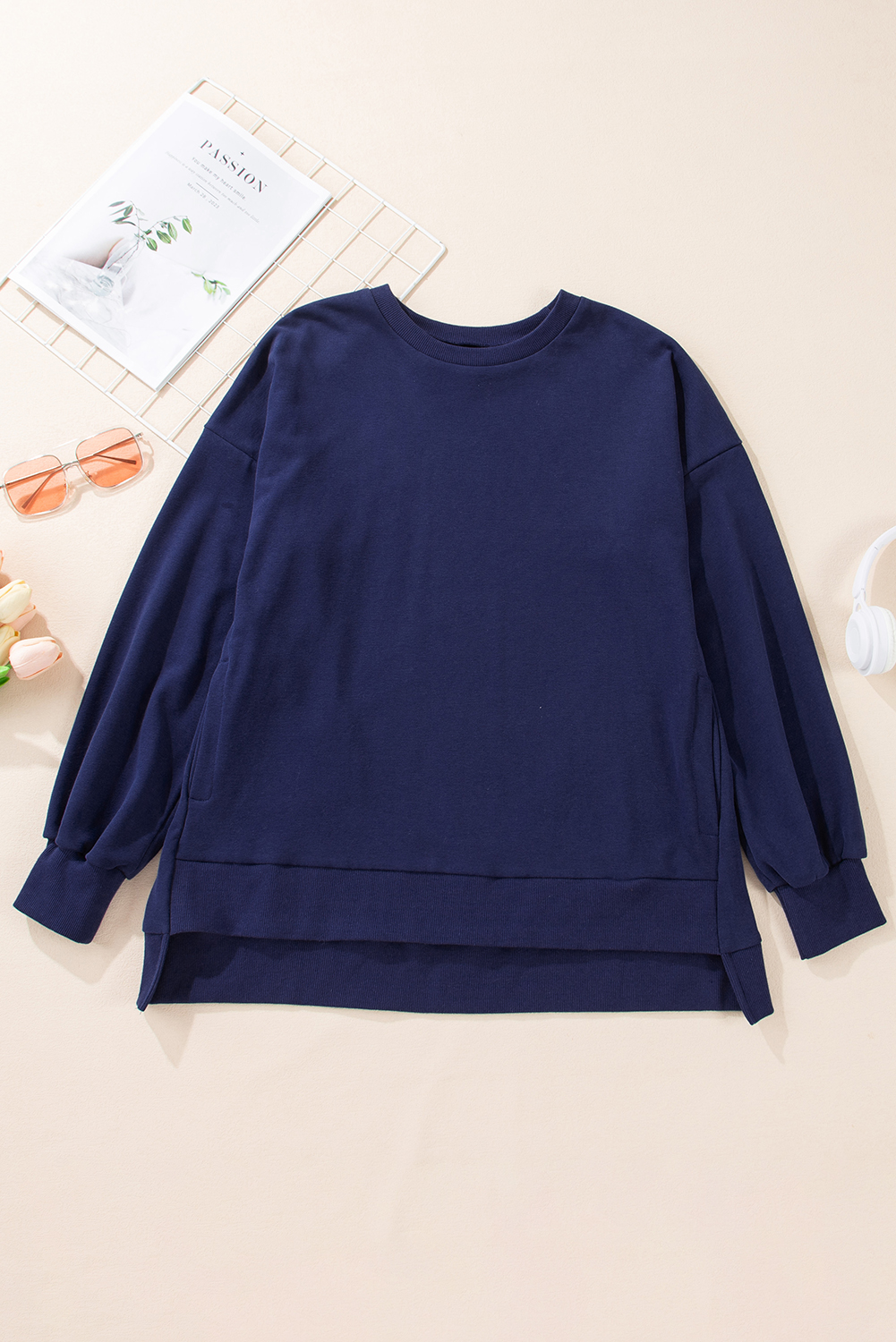 Women's Navy Blue Solid O Neck High Low Hem Pullover Sweatshirt - Casual and Comfortable - Detail View 9 Women's Navy Blue Solid O Neck High Low Hem Pullover Sweatshirt - Casual and Comfortable - Detail View 9