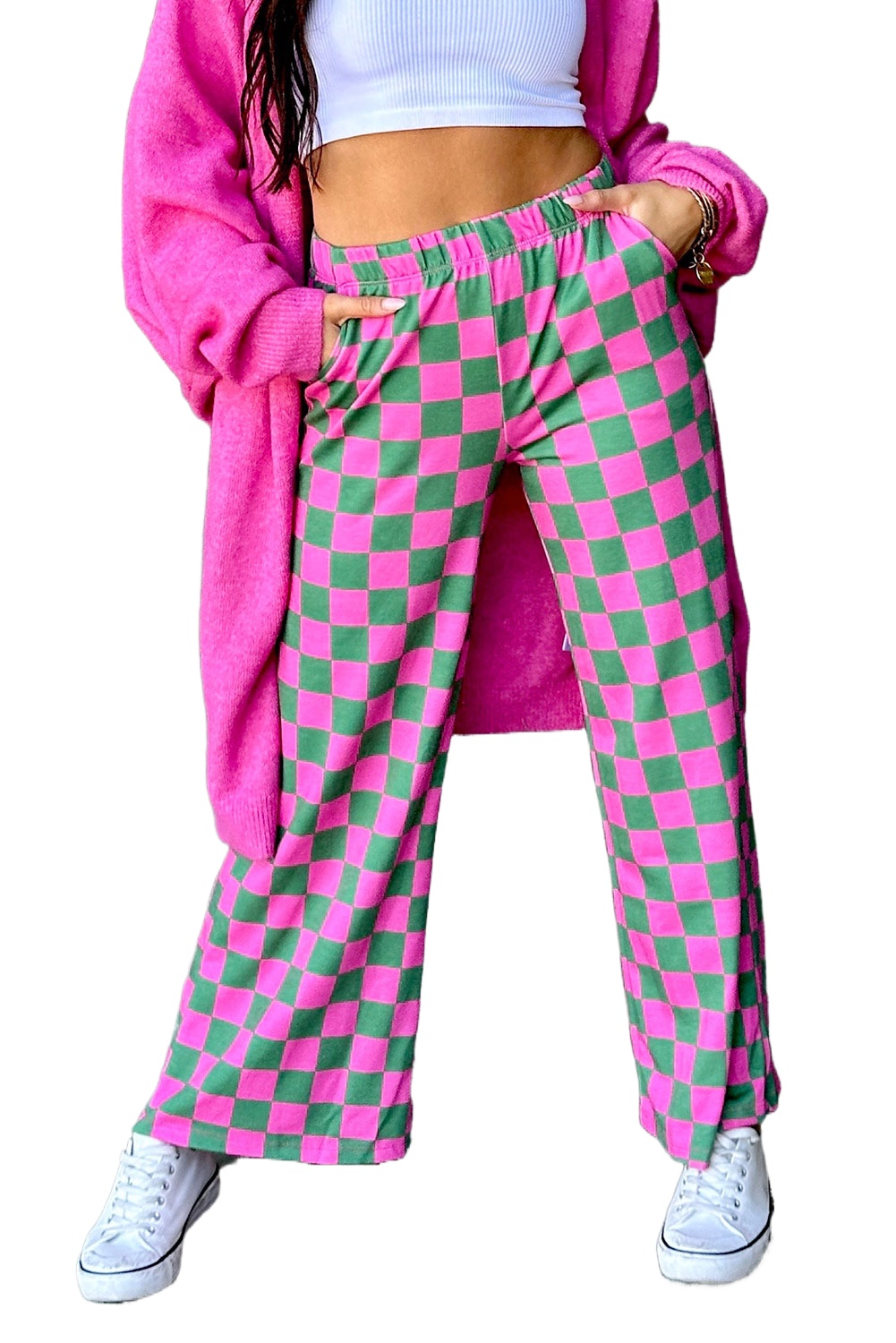 Women's High Waist 2-Tone Checked Print Wide Leg Pants - Main View Women's High Waist 2-Tone Checked Print Wide Leg Pants - Main View