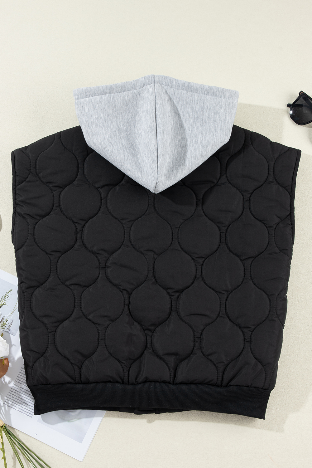 Women's Black Quilted Hooded Zip-Up Puffer Vest - Detail View 6 Women's Black Quilted Hooded Zip-Up Puffer Vest - Detail View 6