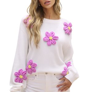 Women's White Floral Crochet Chunky Knit Sweater - Main View