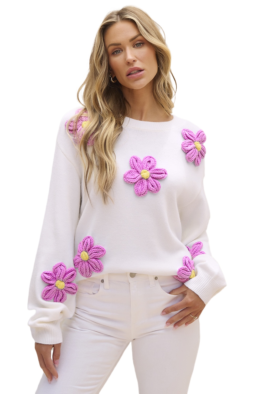 Women's White Floral Crochet Chunky Knit Sweater - Main View Women's White Floral Crochet Chunky Knit Sweater - Main View