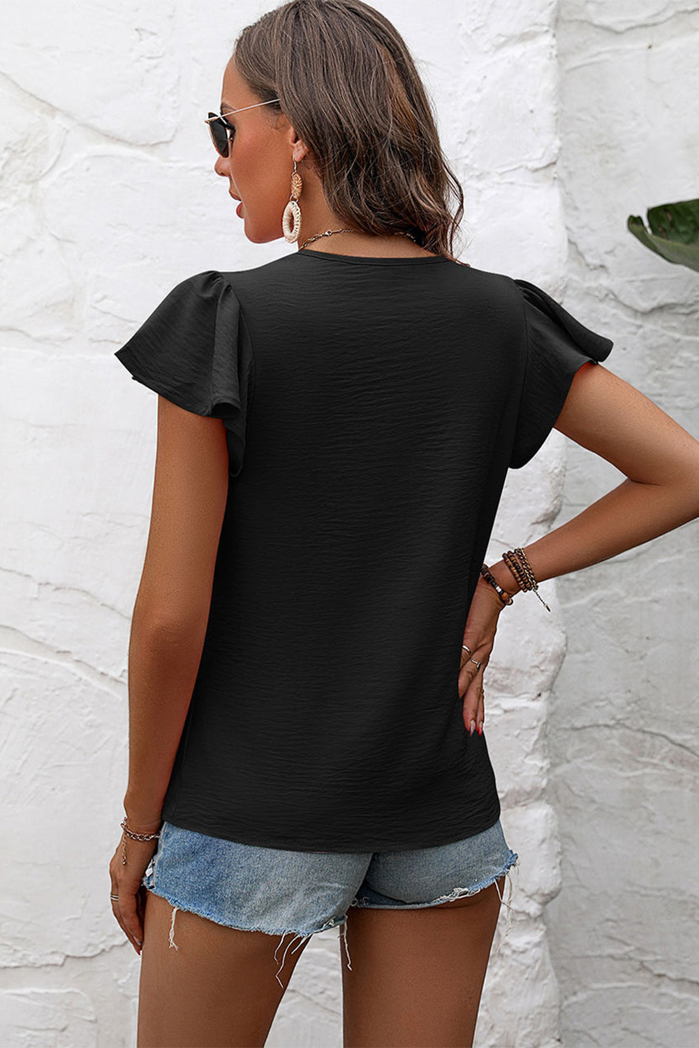 Women's Solid Black Summer Shirt, Elegant Pleated Daily Top - Detail View 3 Women's Solid Black Summer Shirt, Elegant Pleated Daily Top - Detail View 3