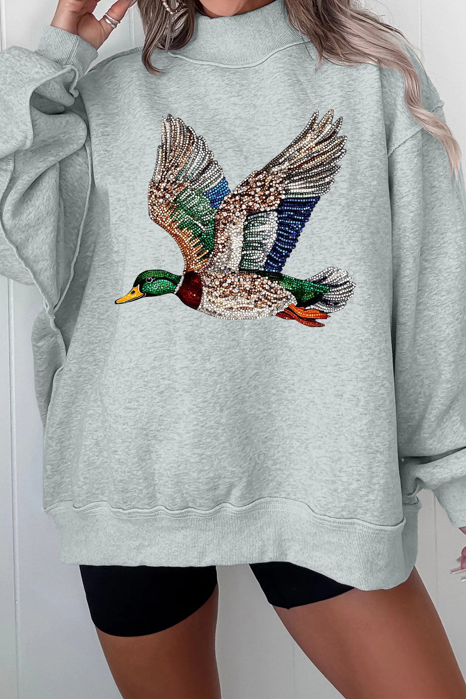 Women's Mallard Duck Sweatshirt, Western Style Mock Neck Top - Detail View 7 Women's Mallard Duck Sweatshirt, Western Style Mock Neck Top - Detail View 7