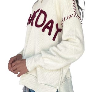 Women's Game Day Pullover, Beige Drop Shoulder Knit Sweater - Main View