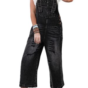 Women's Black Distressed Wide Leg Denim Overall with Bib Pocket - Main View