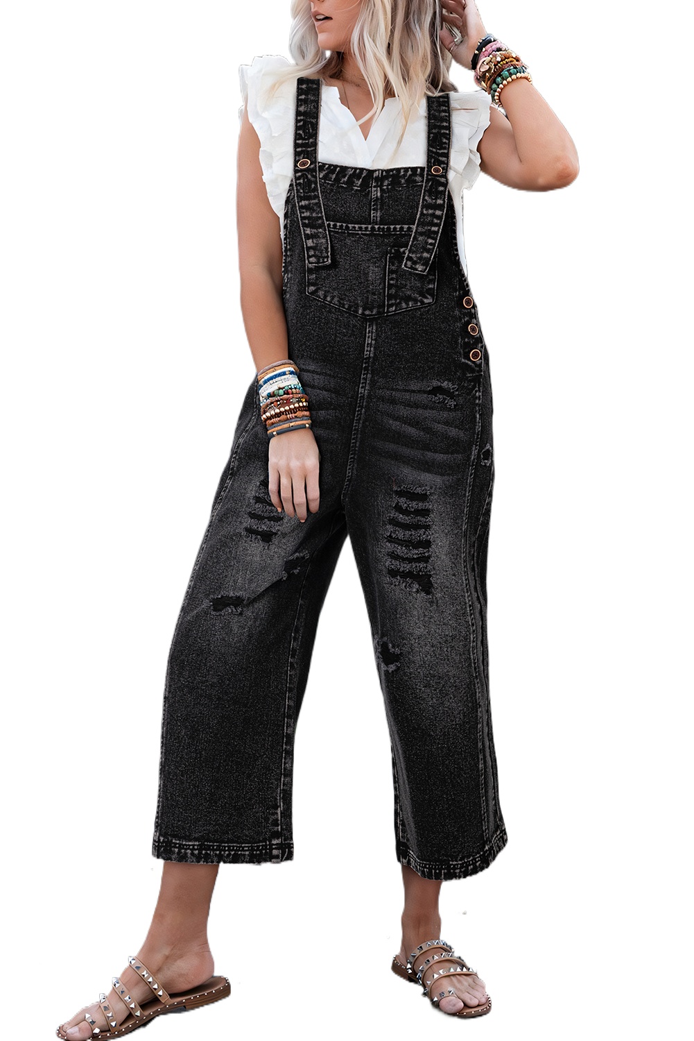 Women's Black Distressed Wide Leg Denim Overall with Bib Pocket - Main View Women's Black Distressed Wide Leg Denim Overall with Bib Pocket - Main View