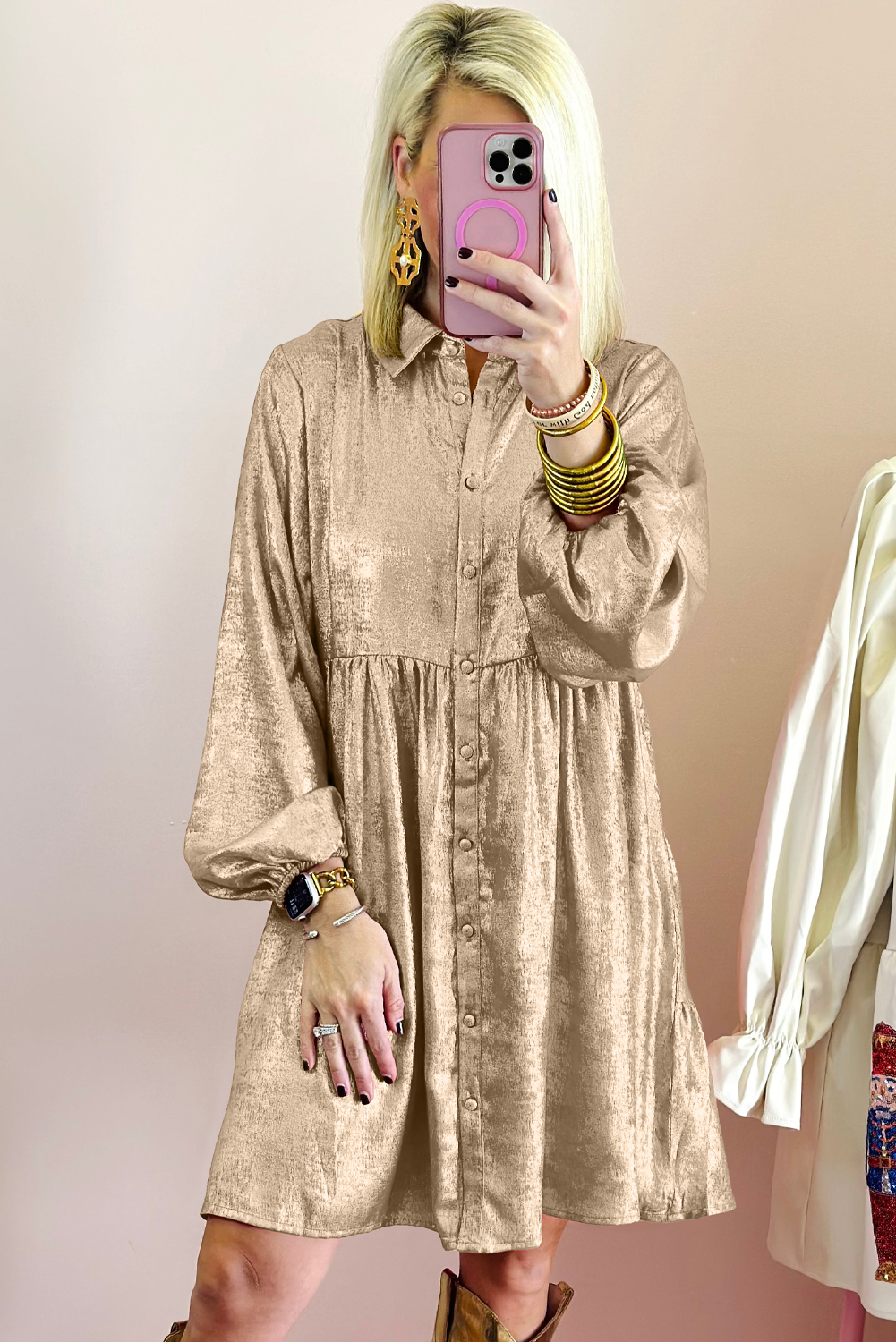 Women's Apricot Metallic Sheen Puff Sleeve Button Up Mini Shirt Dress - Detail View 6 Women's Apricot Metallic Sheen Puff Sleeve Button Up Mini Shirt Dress - Detail View 6