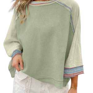 Women's Meadow Mist Green Waffle Knit Patchwork Raglan Top with Wide Bracelet Sleeves - Main View
