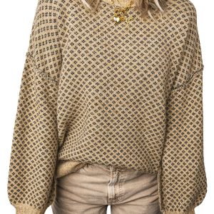 Women's Drop Shoulder Sweater, Casual Khaki Knit - Main View