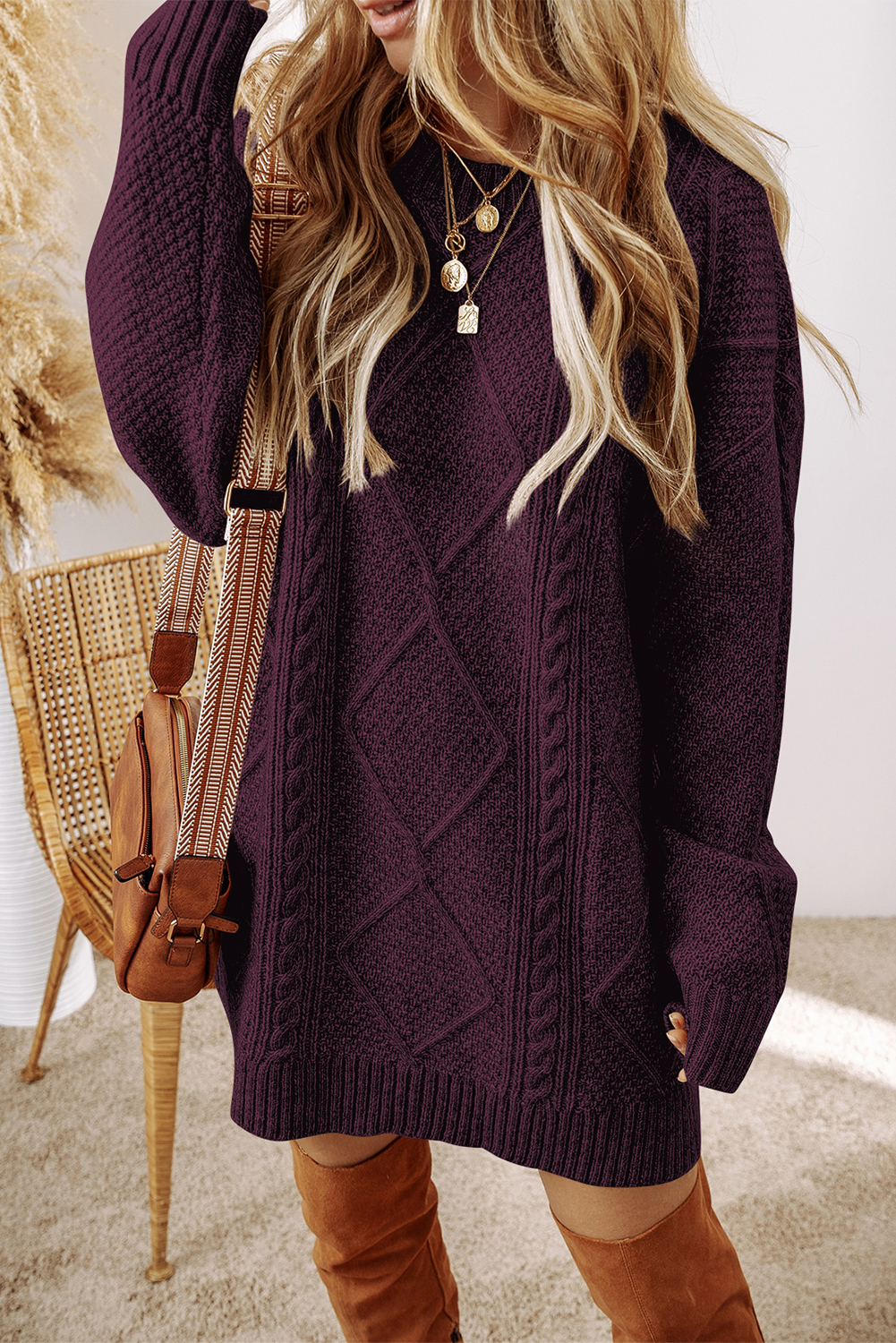 Women's Solid Sweater Dress, Loose Fit Fall Shift - Detail View 2 Women's Solid Sweater Dress, Loose Fit Fall Shift - Detail View 2