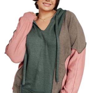 Plus Size Women's Breen Colorblock Patchwork V Neck Hoodie - Main View