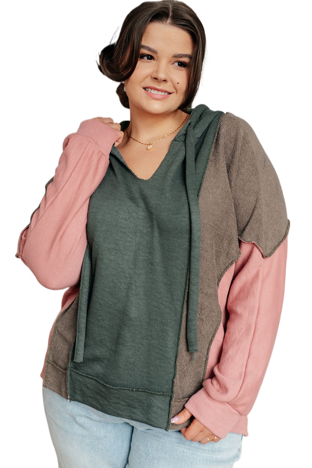 Plus Size Women's Breen Colorblock Patchwork V Neck Hoodie - Main View Plus Size Women's Breen Colorblock Patchwork V Neck Hoodie - Main View