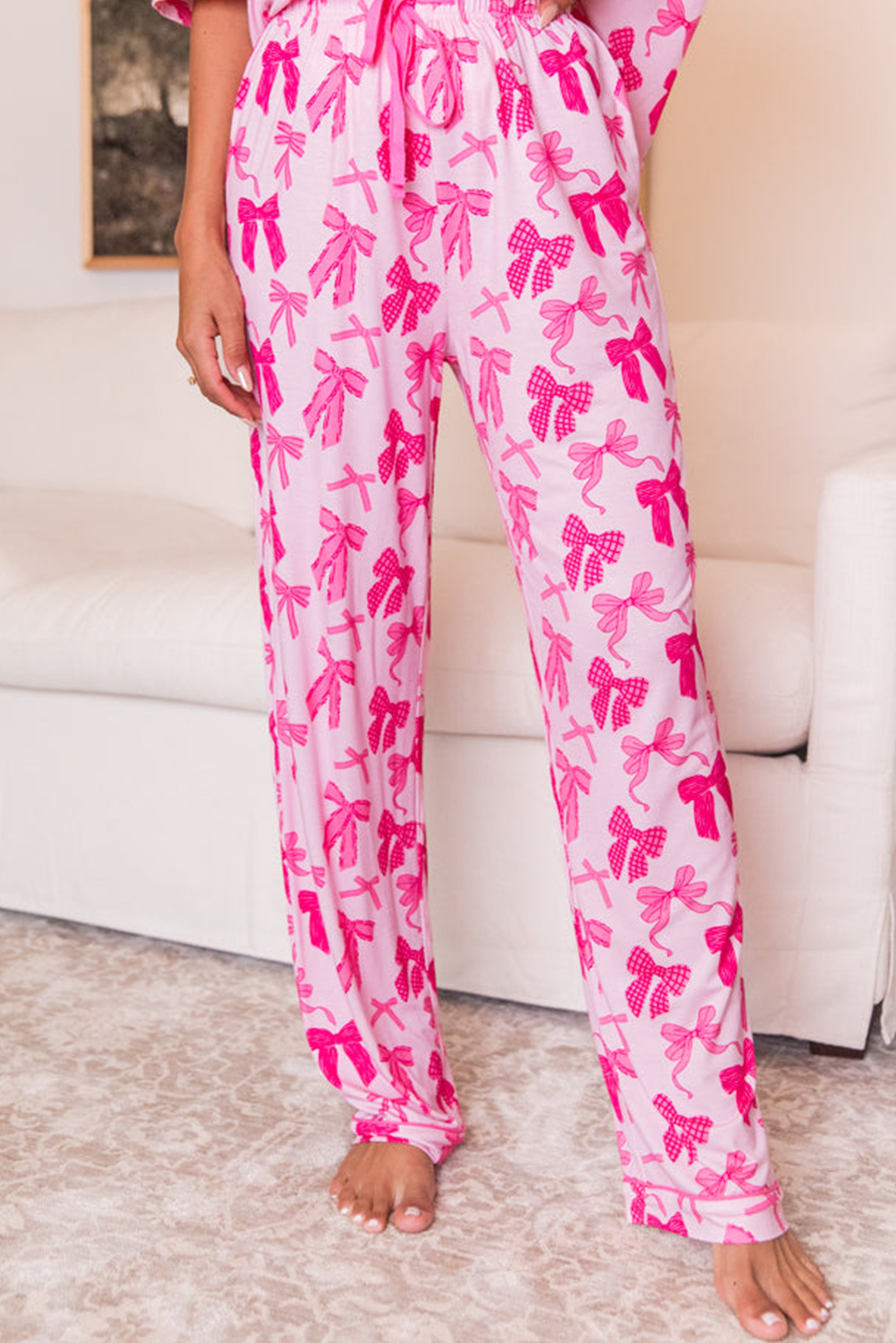 Stylish Women's Loungewear: Pink Bow Knot Print with Matching Pants - Detail View 6 Stylish Women's Loungewear: Pink Bow Knot Print with Matching Pants - Detail View 6