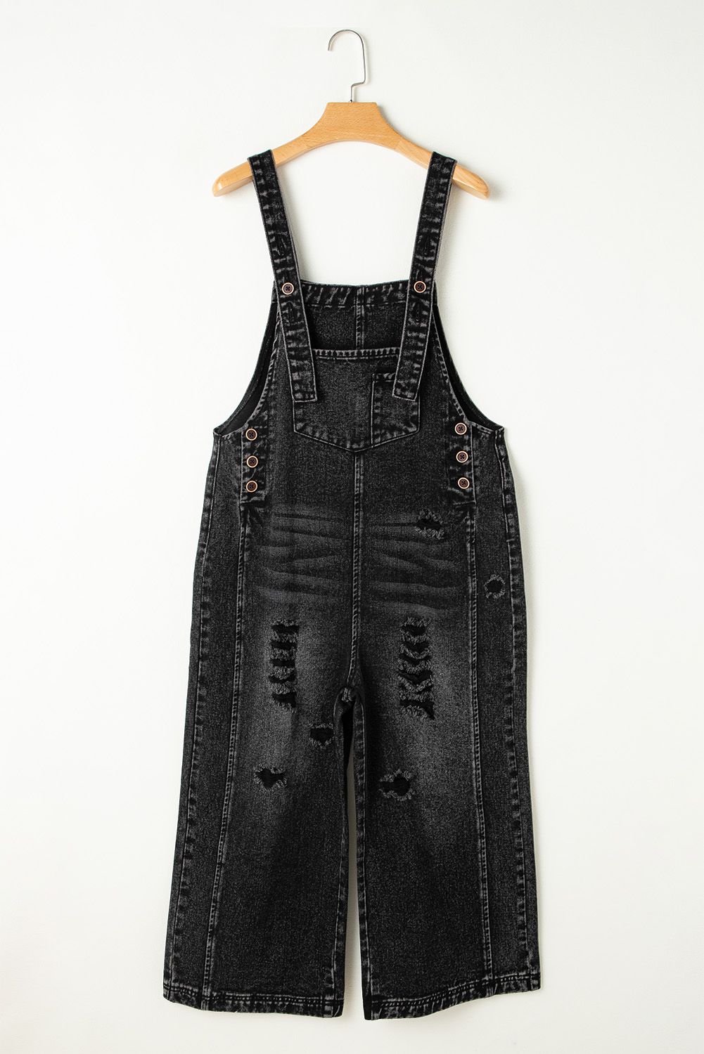 Women's Overall, Black Denim, Distressed Jumpsuit, Wide Leg, Bib Pocket, Casual Style, High Waist, Durable Fabric, Everyday Wear, Stylish, Solid Color, Fashionable, Outdoor, Beach, Vacation, Date Night, Back to School - Detail View 4 Women's Overall, Black Denim, Distressed Jumpsuit, Wide Leg, Bib Pocket, Casual Style, High Waist, Durable Fabric, Everyday Wear, Stylish, Solid Color, Fashionable, Outdoor, Beach, Vacation, Date Night, Back to School - Detail View 4