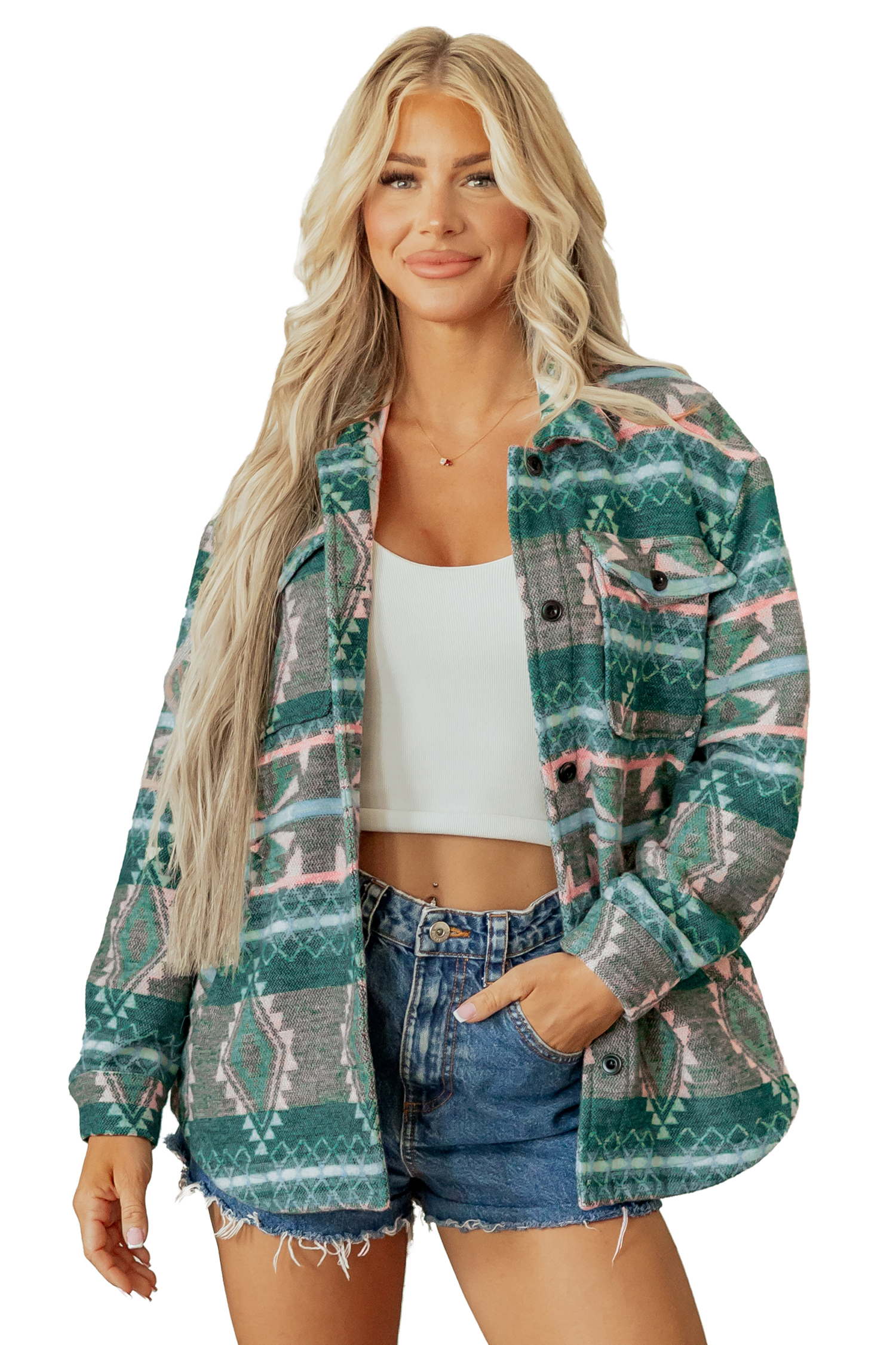 Women's Casual Aztec Shacket, Western Long Sleeve Outerwear - Main View Women's Casual Aztec Shacket, Western Long Sleeve Outerwear - Main View