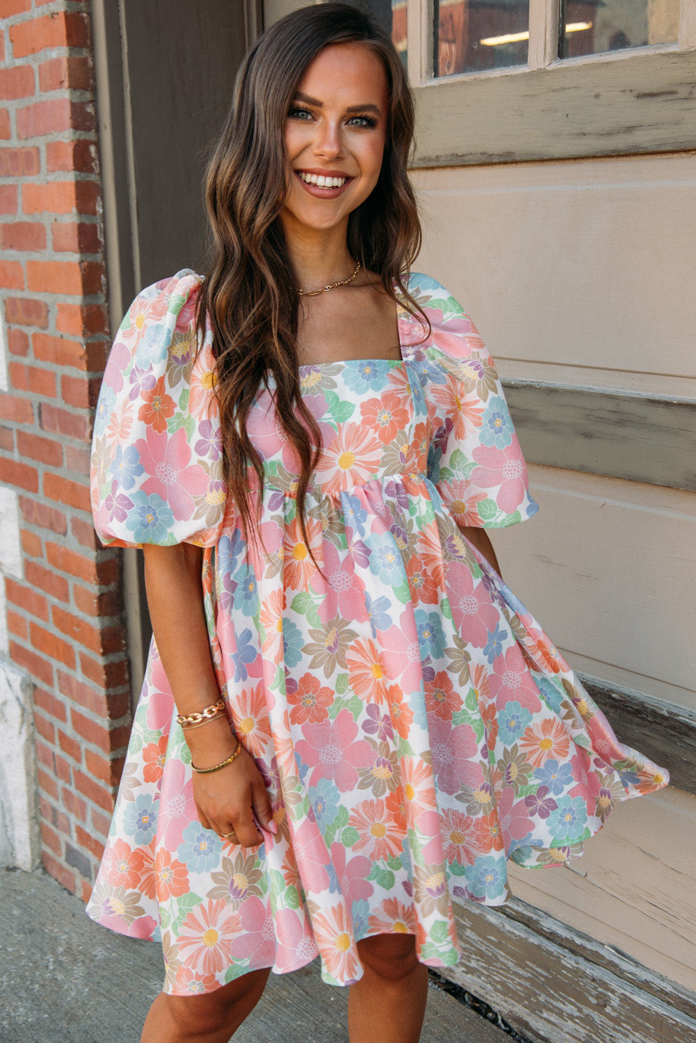 Pink Floral Summer Dress, Elegant Puff Sleeve A Line Mini - Detail View 5 Pink Floral Summer Dress, Elegant Puff Sleeve A Line Mini - Detail View 5