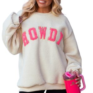 Women's Beige Sherpa HOWDY Patched Pullover Sweatshirt for Cozy Fall Style - Main View