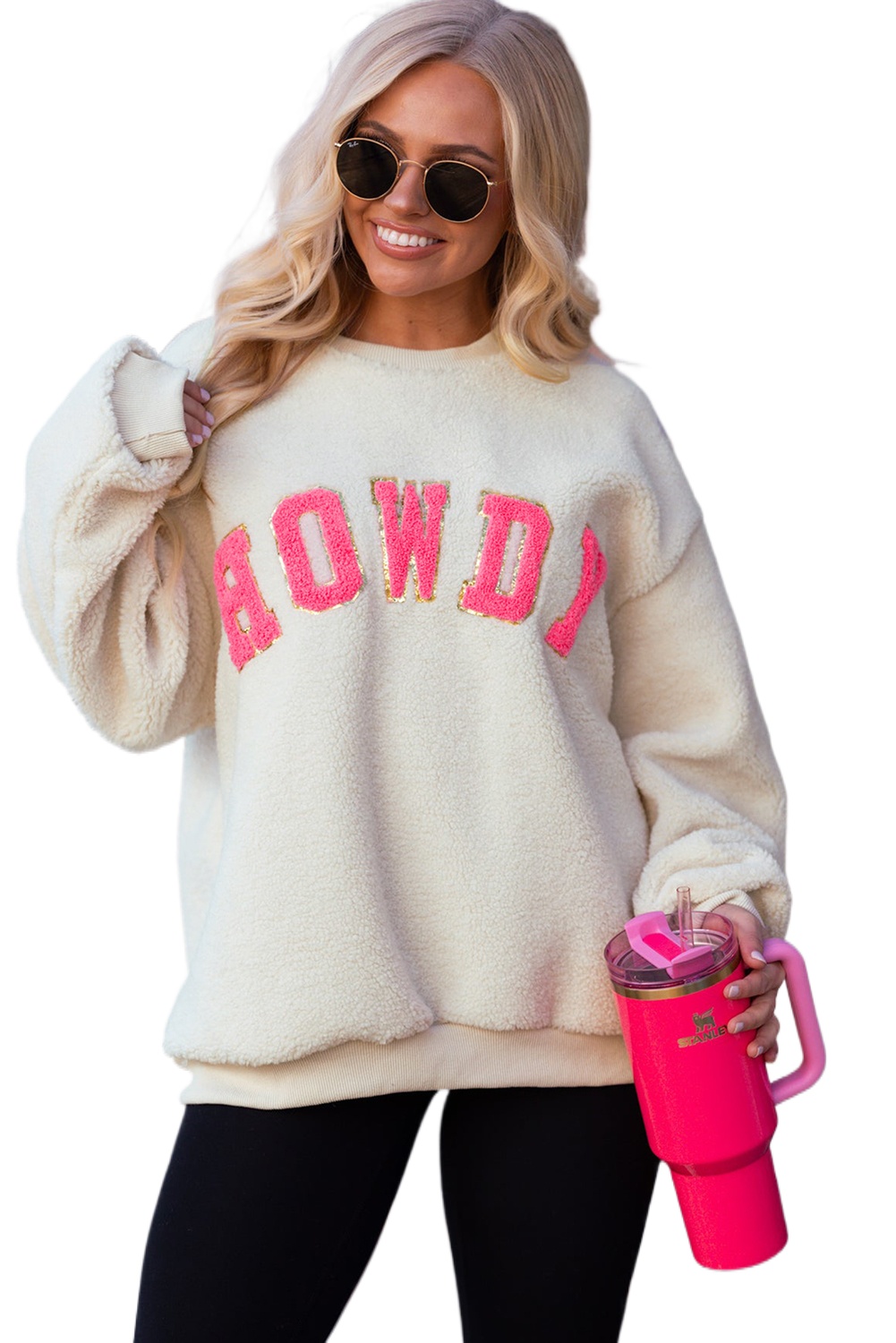 Women's Beige Sherpa HOWDY Patched Pullover Sweatshirt for Cozy Fall Style - Main View Women's Beige Sherpa HOWDY Patched Pullover Sweatshirt for Cozy Fall Style - Main View