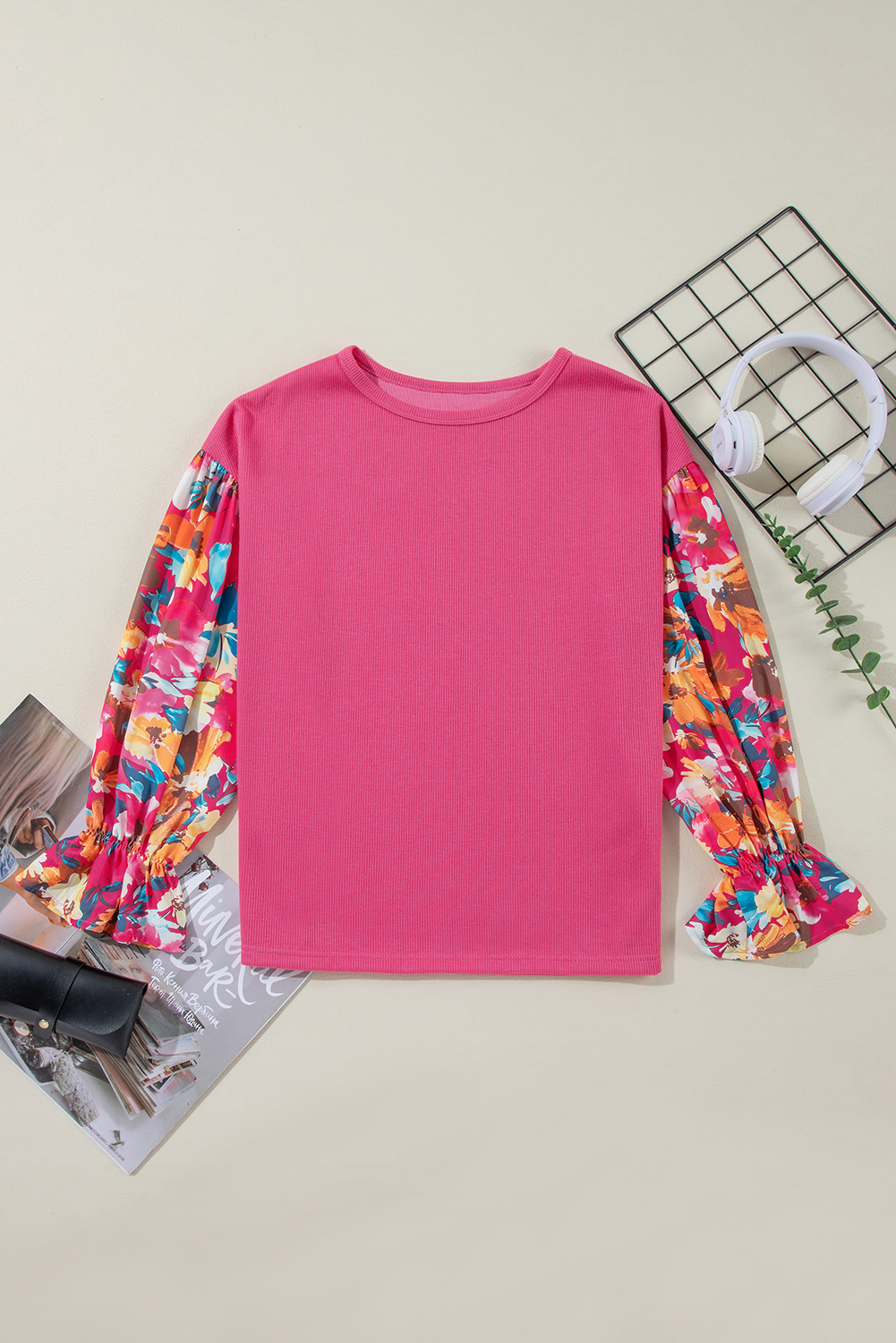 Women's Sachet Pink Flower Patchwork Ruffled Sleeve Knit Top - Detail View 6 Women's Sachet Pink Flower Patchwork Ruffled Sleeve Knit Top - Detail View 6