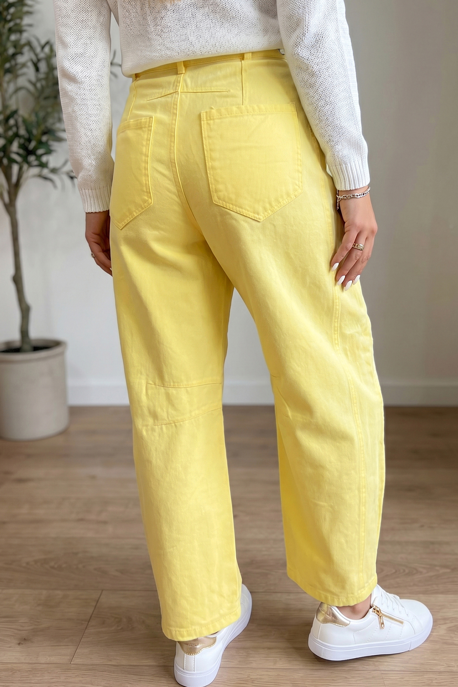 Women's Knot Waist Barrel Jeans, Solid Yellow Denim - Detail View 2 Women's Knot Waist Barrel Jeans, Solid Yellow Denim - Detail View 2