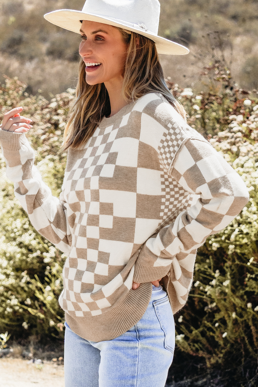 Soft Khaki Checkered Pullover, Casual Autumn Long Sleeve Top - Detail View 3 Soft Khaki Checkered Pullover, Casual Autumn Long Sleeve Top - Detail View 3