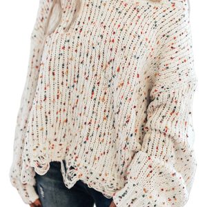 Women's White Colorful Confetti Distressed Knit Sweater - Main View