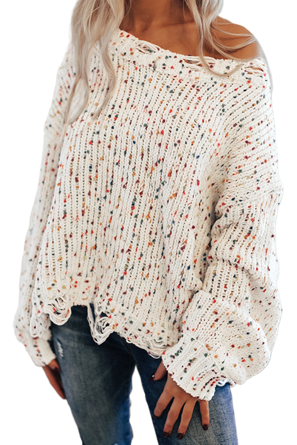 Women's White Colorful Confetti Distressed Knit Sweater - Main View Women's White Colorful Confetti Distressed Knit Sweater - Main View