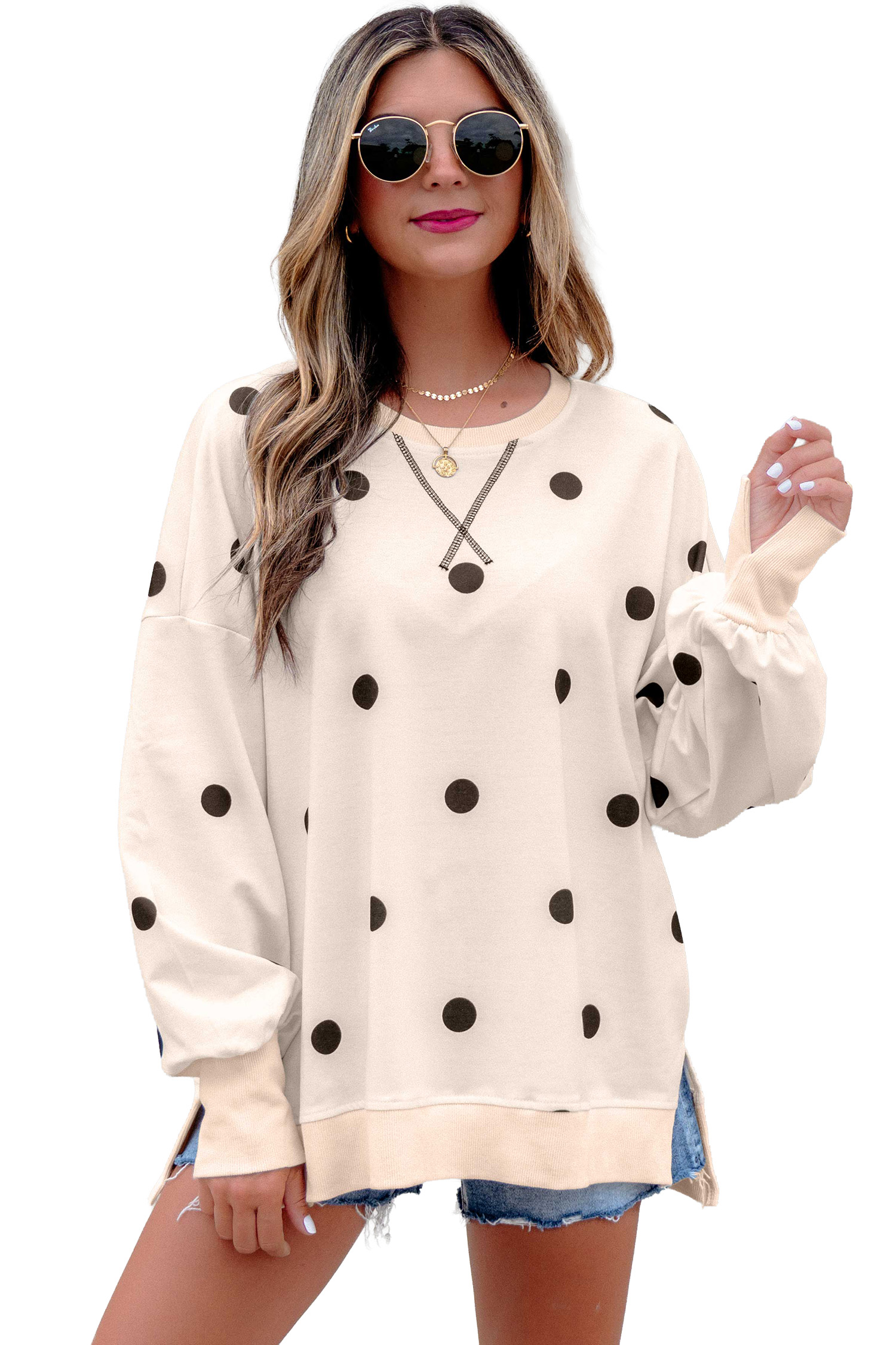 Women's Polka Dot Pullover, Casual Oversized Long Sleeve Top - Main View Women's Polka Dot Pullover, Casual Oversized Long Sleeve Top - Main View