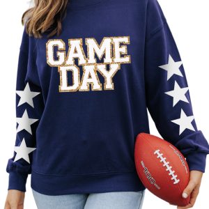 Navy Blue Game Day Star Sleeve Crewneck Pullover Sweatshirt - Main View
