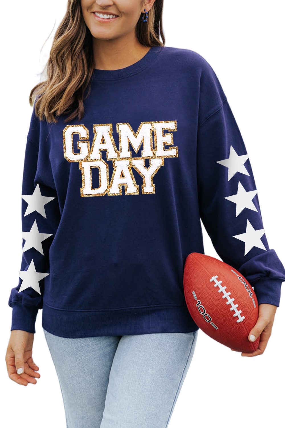 Navy Blue Game Day Star Sleeve Crewneck Pullover Sweatshirt - Main View Navy Blue Game Day Star Sleeve Crewneck Pullover Sweatshirt - Main View