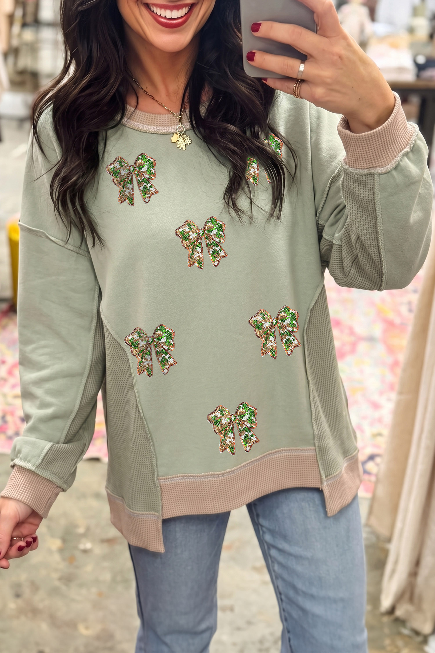 Waffle Knit Colorblock Sweatshirt, Women's Sequin Bow Detail - Detail View 2 Waffle Knit Colorblock Sweatshirt, Women's Sequin Bow Detail - Detail View 2
