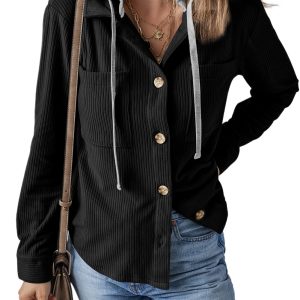 Women's Black Corduroy Hooded Shacket with Drawstring Pockets - Main View