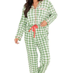 Women's Light Green Christmas Plaid Print Jumpsuit Pajama Set - Main View