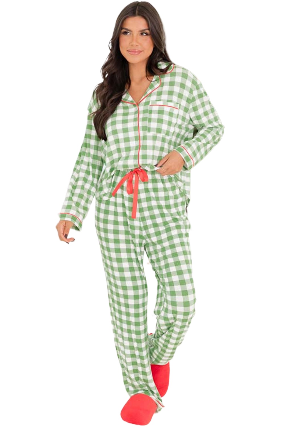 Women's Light Green Christmas Plaid Print Jumpsuit Pajama Set - Main View Women's Light Green Christmas Plaid Print Jumpsuit Pajama Set - Main View