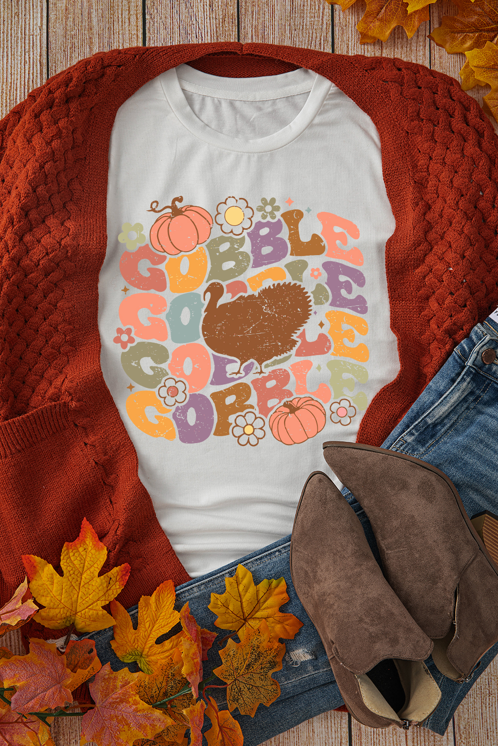 Stylish Women's Casual T-Shirt with Fun Thanksgiving Turkey Print - Detail View 3 Stylish Women's Casual T-Shirt with Fun Thanksgiving Turkey Print - Detail View 3