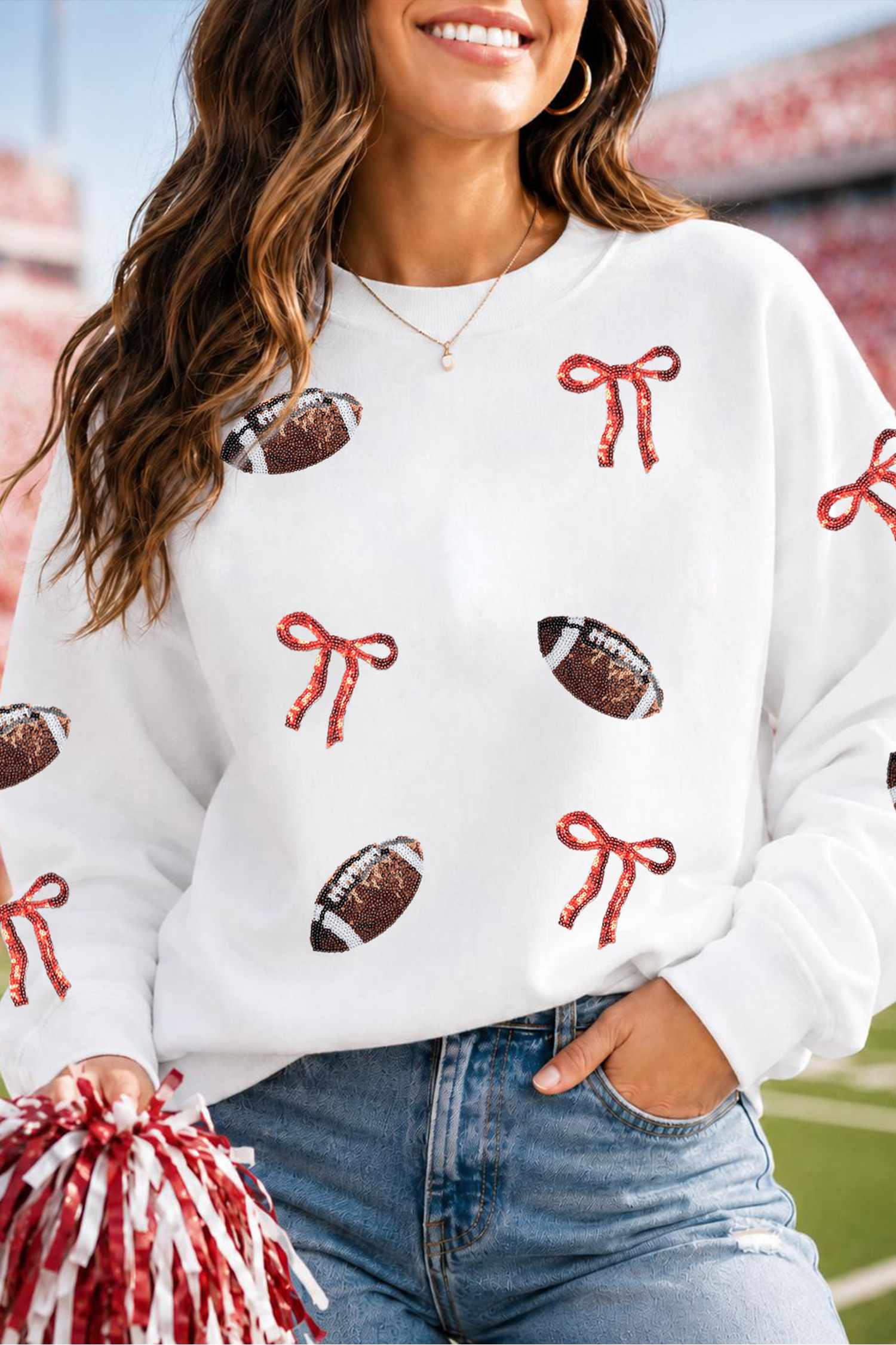 Women's Rugby Bow Sweatshirt, Sequin Graphic Fall Pullover - Detail View 7 Women's Rugby Bow Sweatshirt, Sequin Graphic Fall Pullover - Detail View 7