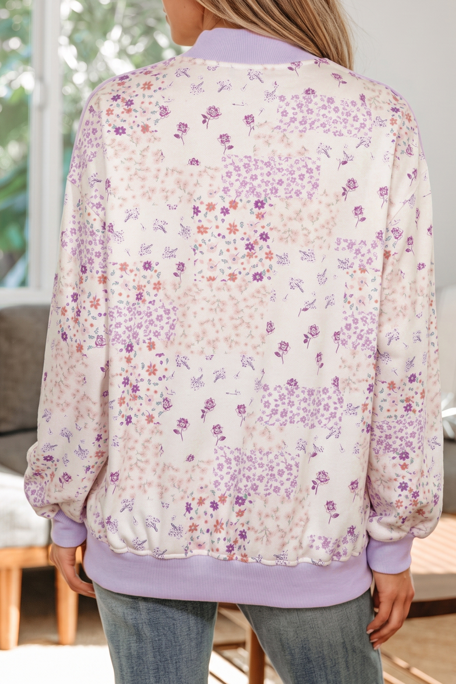 Purple Floral Print Panel Sweatshirt, Trendy Women Pullover - Detail View 2 Purple Floral Print Panel Sweatshirt, Trendy Women Pullover - Detail View 2